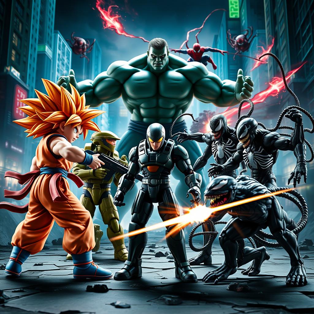 An action-packed scene showcasing Goku in his Super Saiyan form, Master Chief from Halo, Max Factory Falslander as a Ronin, Venom, and the Hulk depicted in gray instead of the traditional green