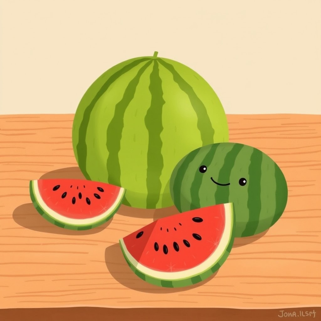On a wooden table, a large, vibrant watermelon sits prominently, alongside a beautifully sliced watermelon displaying juicy, red flesh and glossy black seeds