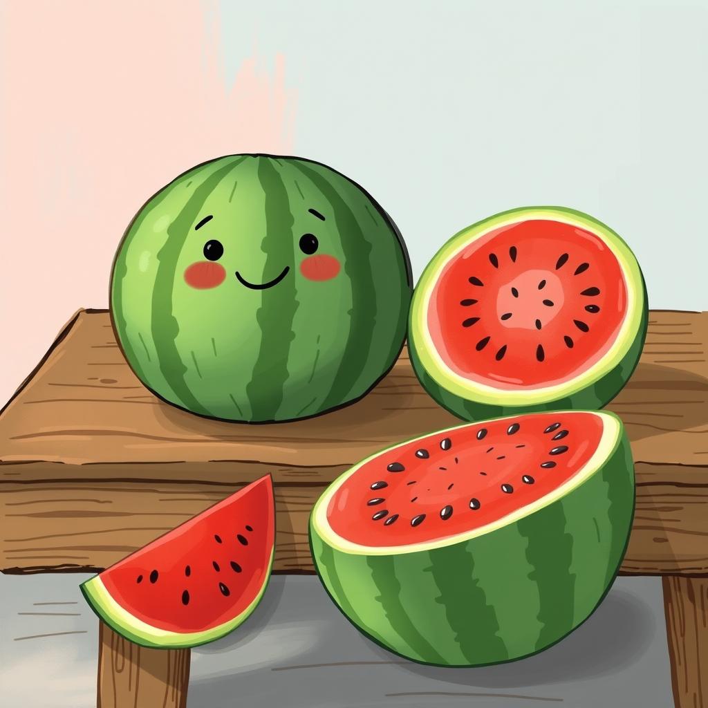 On a rustic wooden table, a cute, large watermelon rests happily, next to a beautifully sliced watermelon displaying its juicy, vibrant red flesh and shiny black seeds