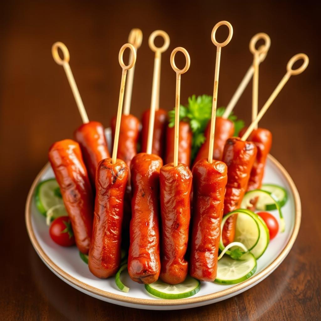 A complete display of several chorizo sausages skewered on Chinese sticks, beautifully arranged on a round plate