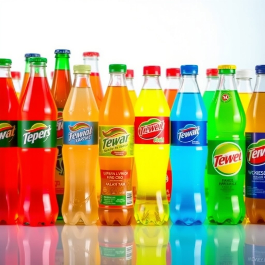 A vibrant display of various soft drink bottles lined up next to each other