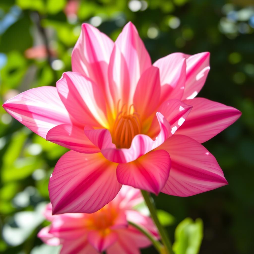 A close-up view of a beautiful, elegant flower, with intricate petals and vibrant colors, showcasing nature's artistry and brilliance, surrounded by soft, blurred green foliage in the background, sunlight filtering through to create a dreamy atmosphere