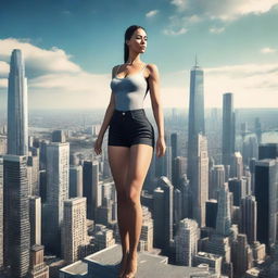 Captivating image of an extremely tall giantess, her size rivaling city buildings. She stands firm, striking a majestic pose with the cityscape as her backdrop.