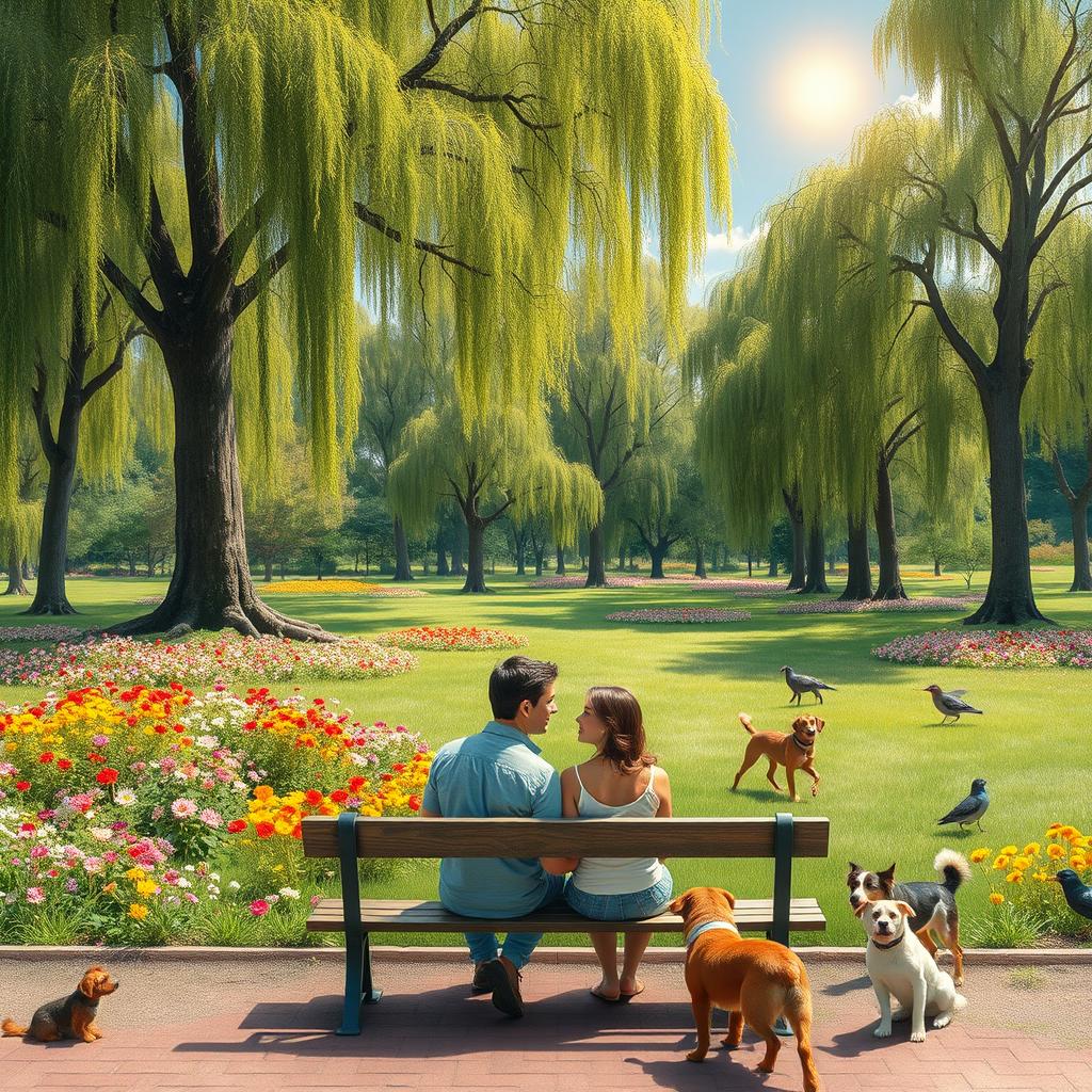 A tranquil park scene bursting with life, showcasing a vibrant array of flowers and tall trees swaying gently in the breeze