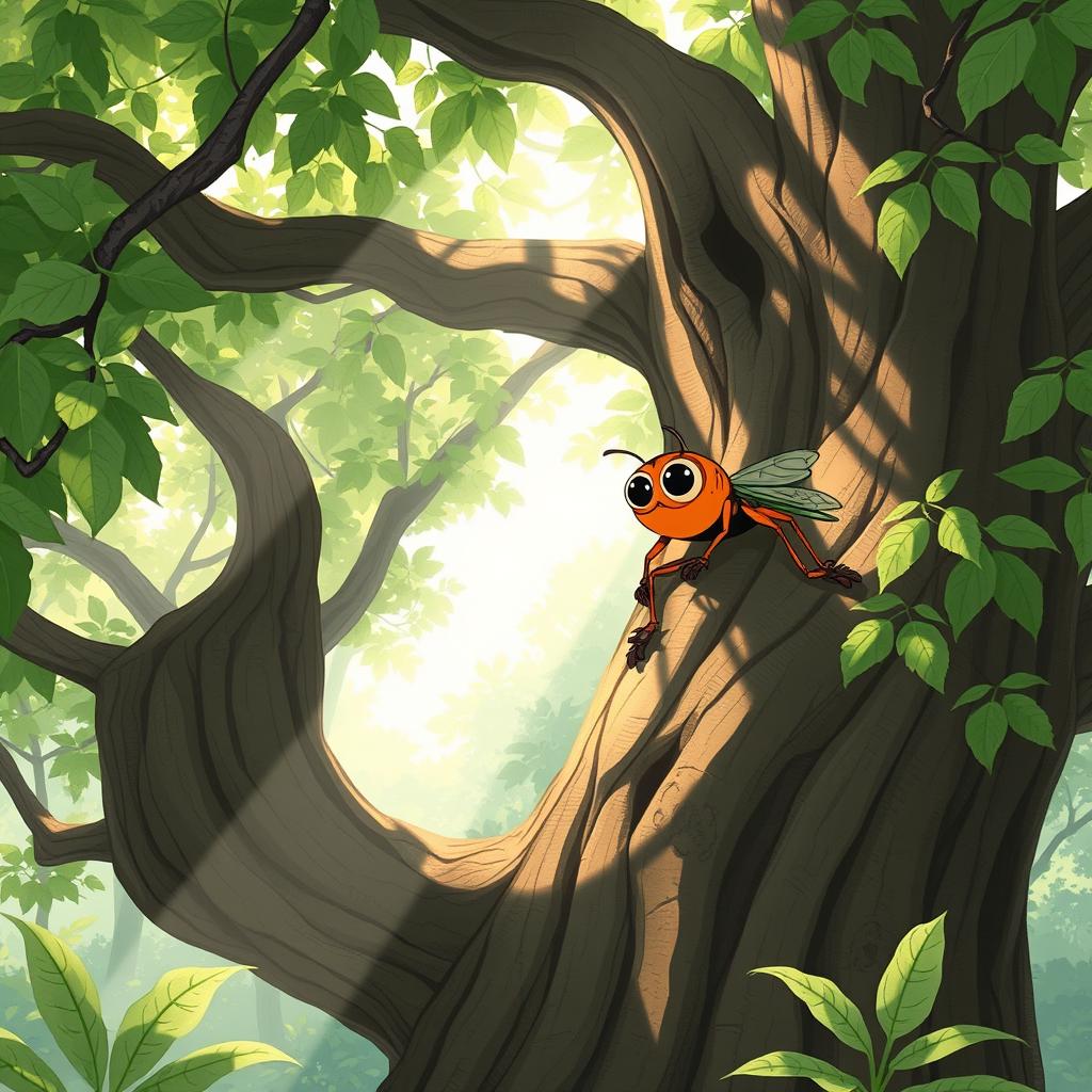 On a sturdy, majestic tree in a lush forest, a cute, cartoonish cicada perches comfortably on a branch