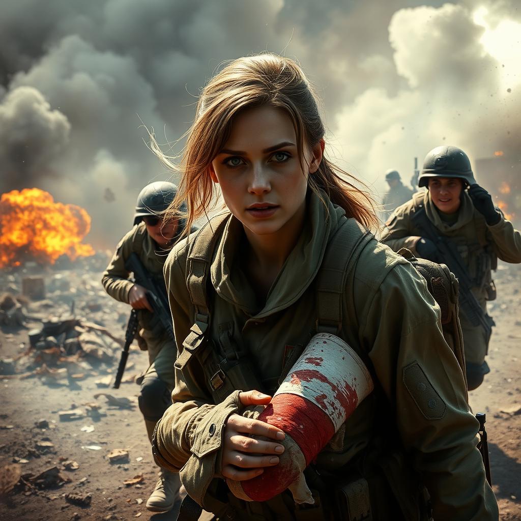 A dramatic scene depicting a female soldier in a war zone, showing her injured and being assisted by her comrades