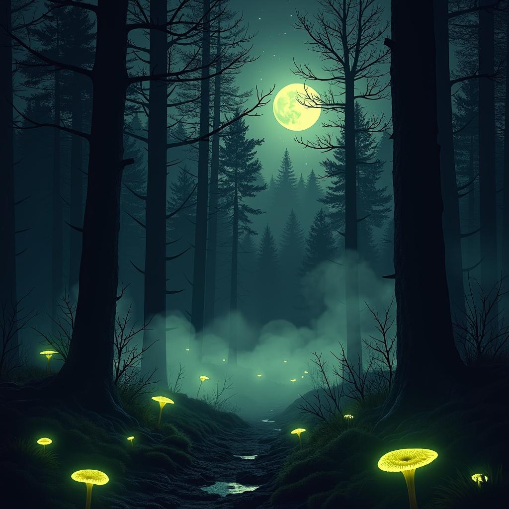 A mysterious and eerie night scene featuring a dense forest illuminated only by moonlight
