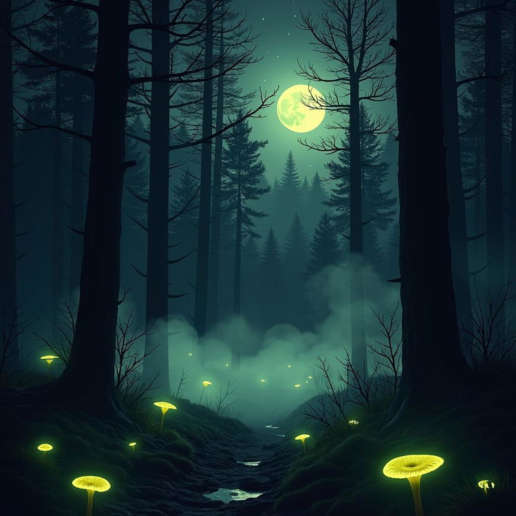 A mysterious and eerie night scene featuring a dense forest illuminated only by moonlight