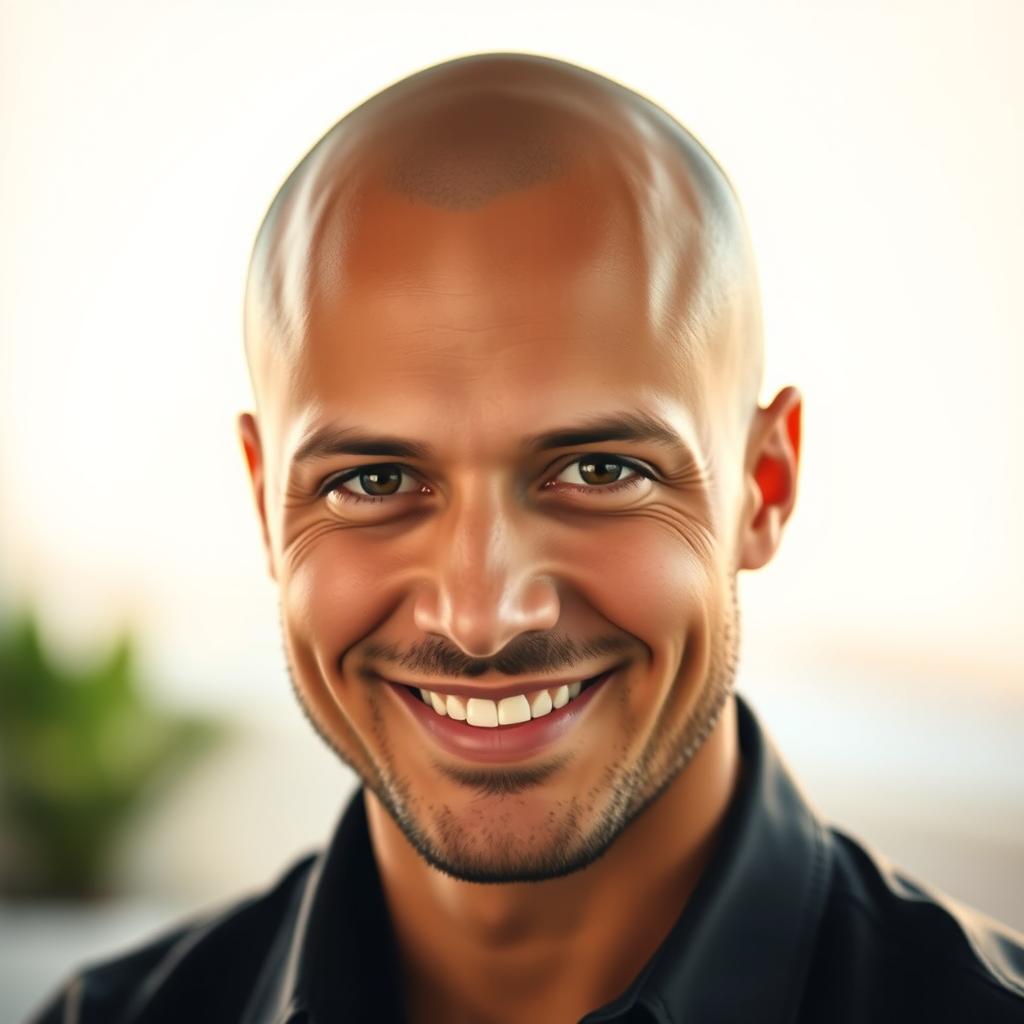 A portrait of a man with a completely bald head, showcasing a smooth scalp
