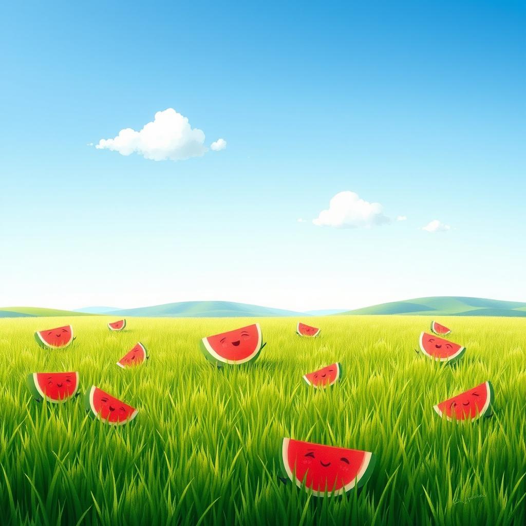 In a picturesque field under a clear blue sky, several cute watermelons are playfully scattered across the lush green grass