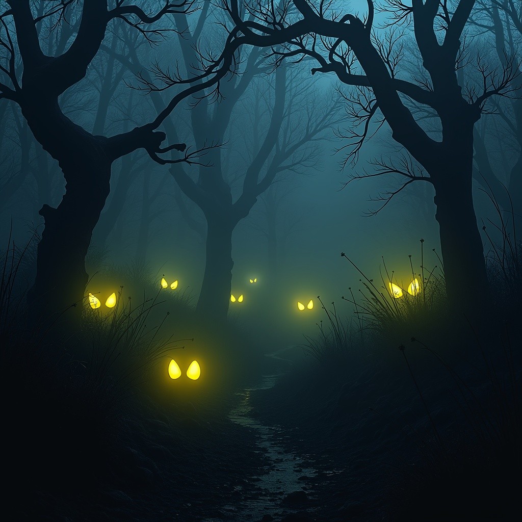 A dark, mysterious forest at night illuminated by the eerie glow of yellow eyes peering through the bushes
