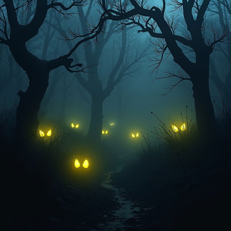 A dark, mysterious forest at night illuminated by the eerie glow of yellow eyes peering through the bushes