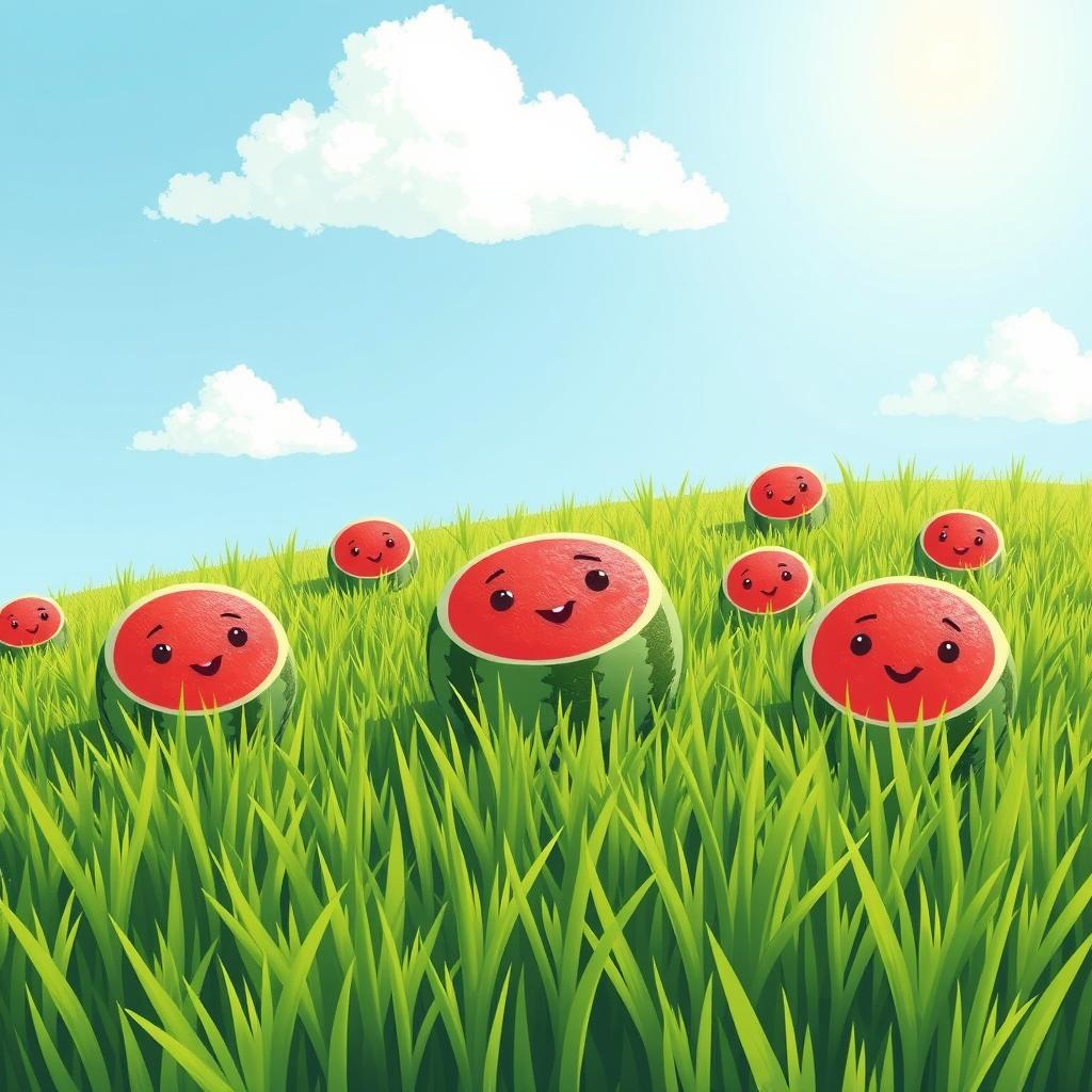 In a sunny field, several adorable, round watermelons are scattered playfully among the vibrant green grass