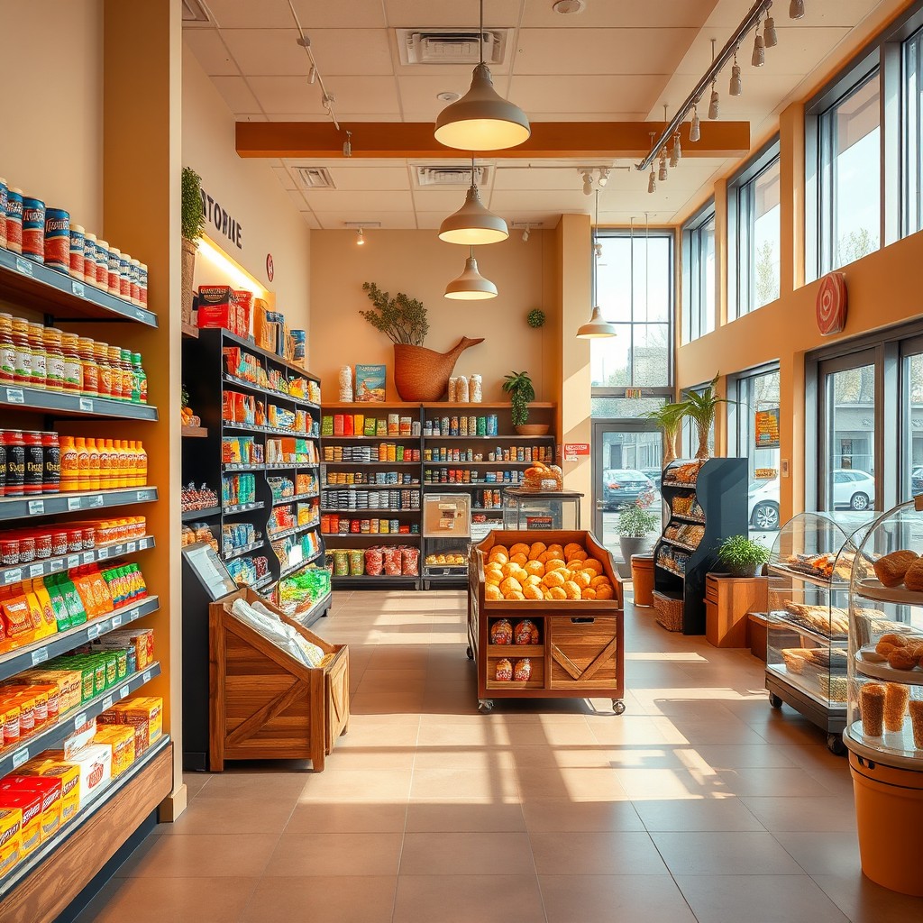 An inviting interior design of a grocery store, featuring neatly organized shelves stocked with various items like fresh produce, canned goods, and snacks