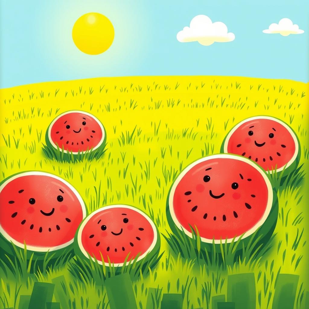In a sunny field, there are several large, round watermelons resting on the vibrant green grass