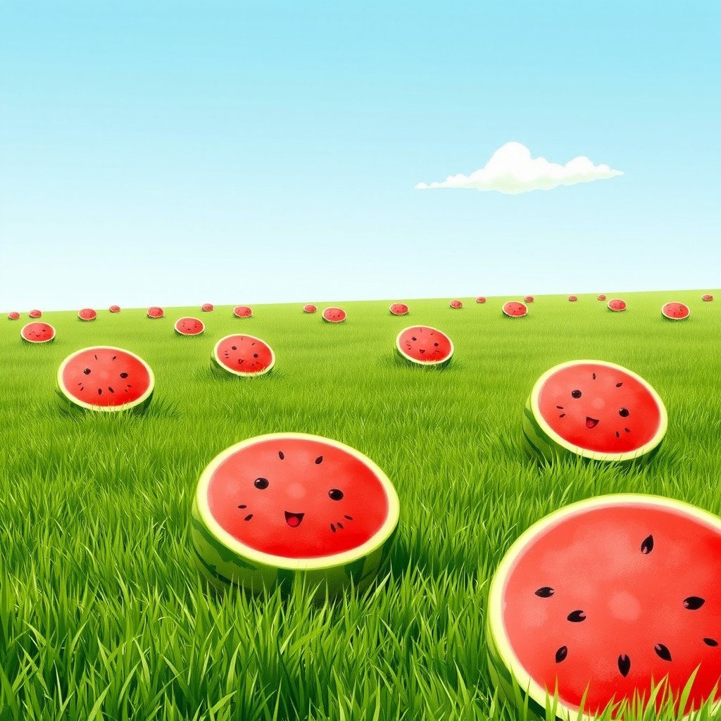 In a sprawling field, there are several plump, round, whole watermelons lying on the lush green grass