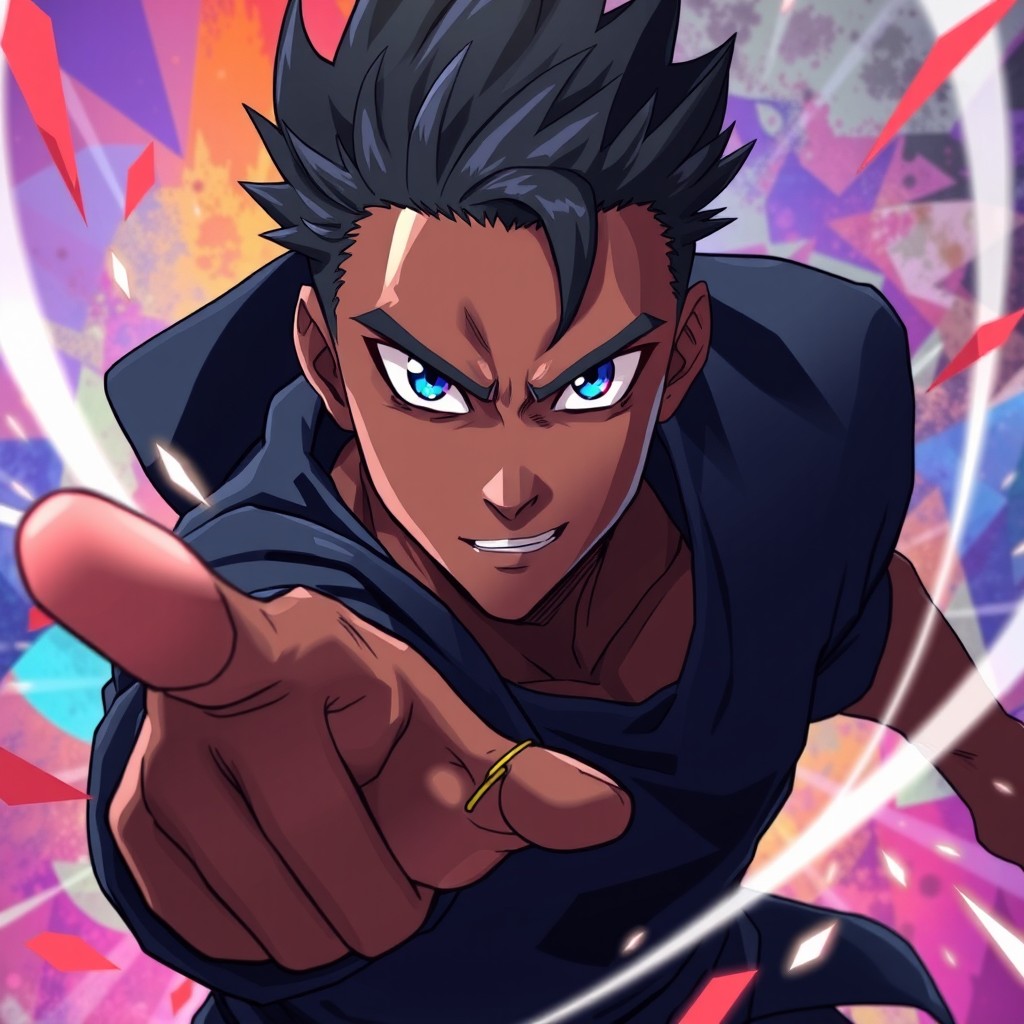 A dynamic anime-style illustration of a man with short black spiky hair and striking blue eyes