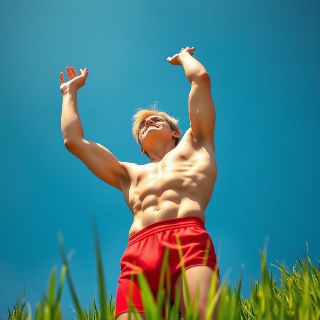 A tall blonde guy wearing only bright red boxers, depicted as reaching high towards the sky