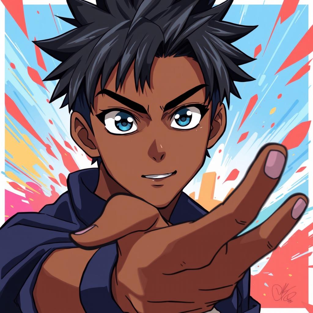 An engaging anime-style illustration of a man with short black spiky hair and piercing blue eyes