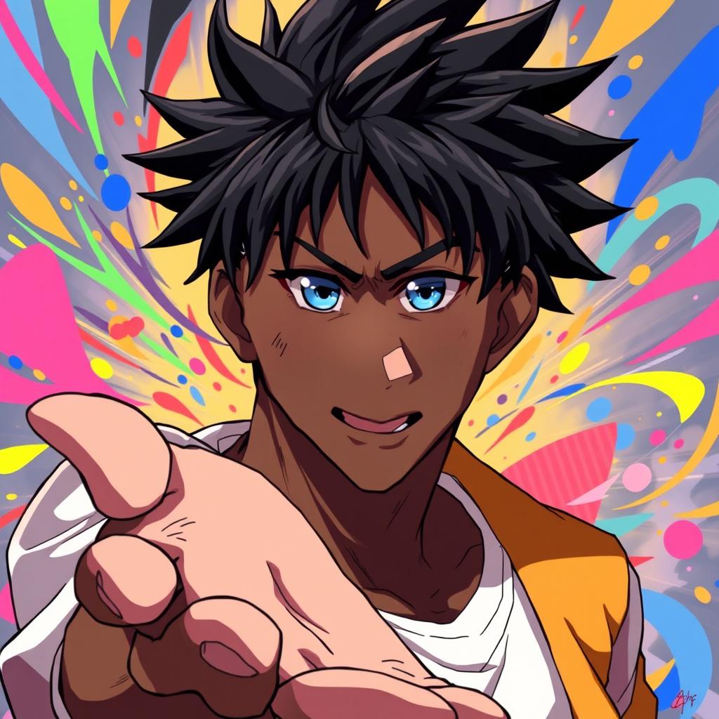 An eye-catching anime-style illustration featuring a man with short black spiky hair and vivid blue eyes