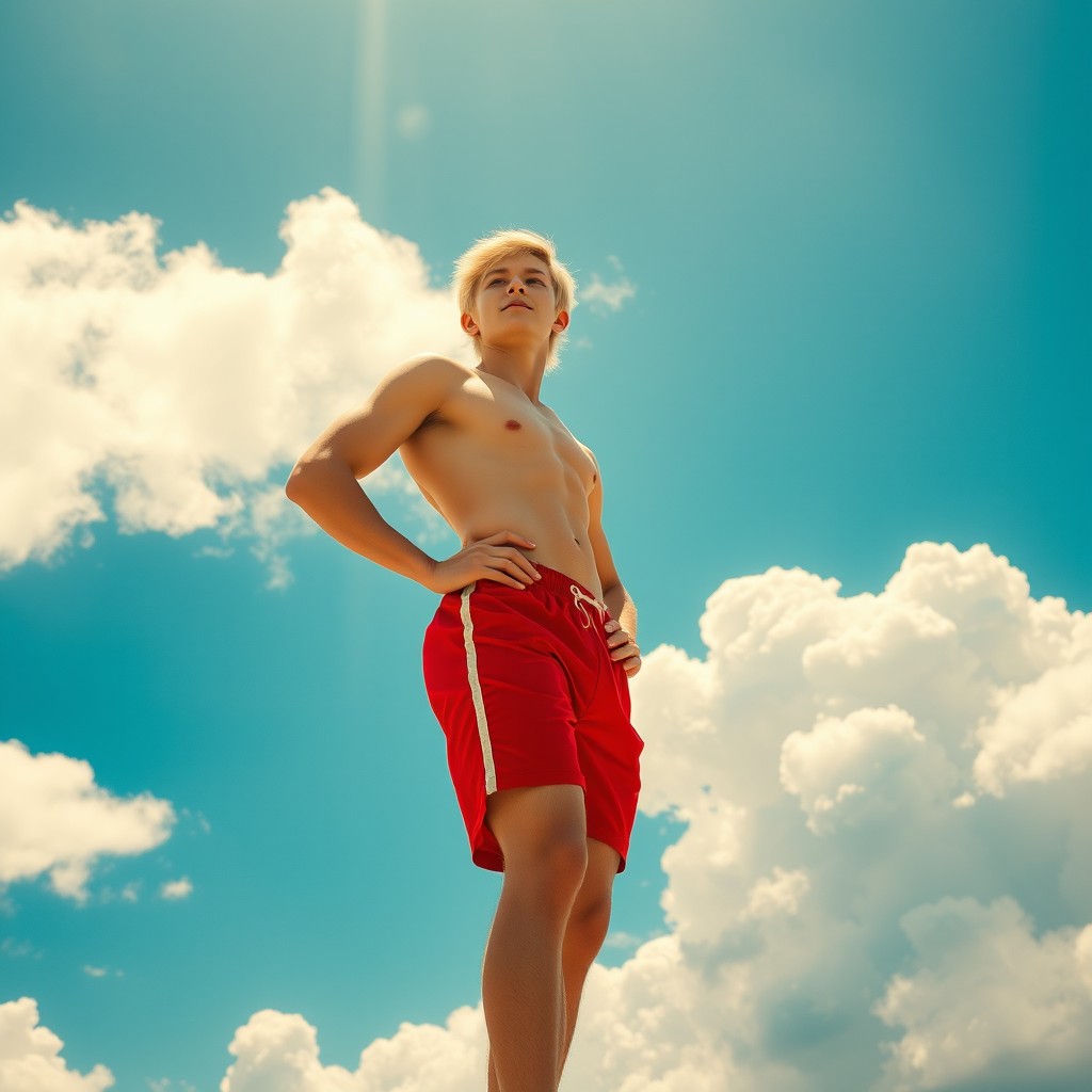 A tall blonde guy wearing only red shorts, standing confidently with an inspiring expression on his face, surrounded by a bright, sunny sky and fluffy white clouds, as if growing towards the heavens