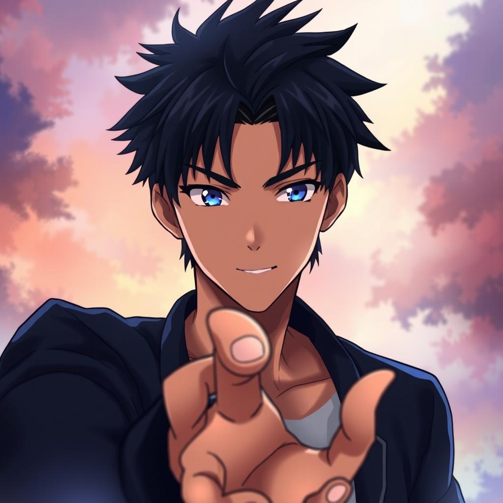An anime-style illustration featuring a man with short black spiky hair and intense blue eyes