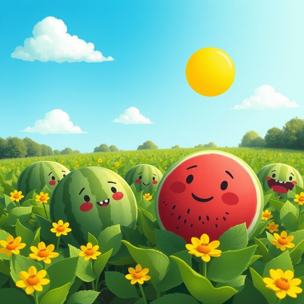 In a lush green field, several watermelons are growing among vibrant green leaves and bright yellow flowers