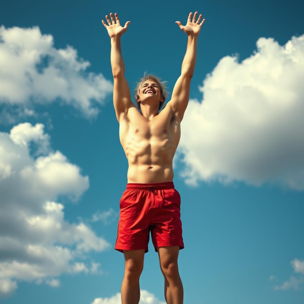 A tall, athletic blonde male figure standing confidently with only red shorts, raising his arms towards the sky in a triumphant pose
