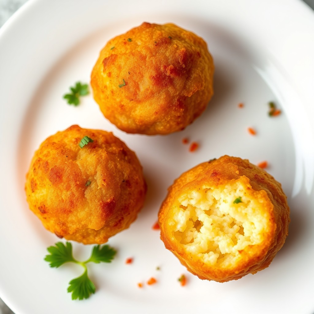 A complete view of three yuca balls presented on a white plate