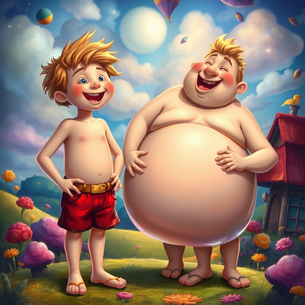 A whimsical and fantastical scene featuring fairytale characters inspired by Czech tales, specifically focusing on Dlouhý, who is growing taller into the sky, and Široký, who is inflating his belly upwards