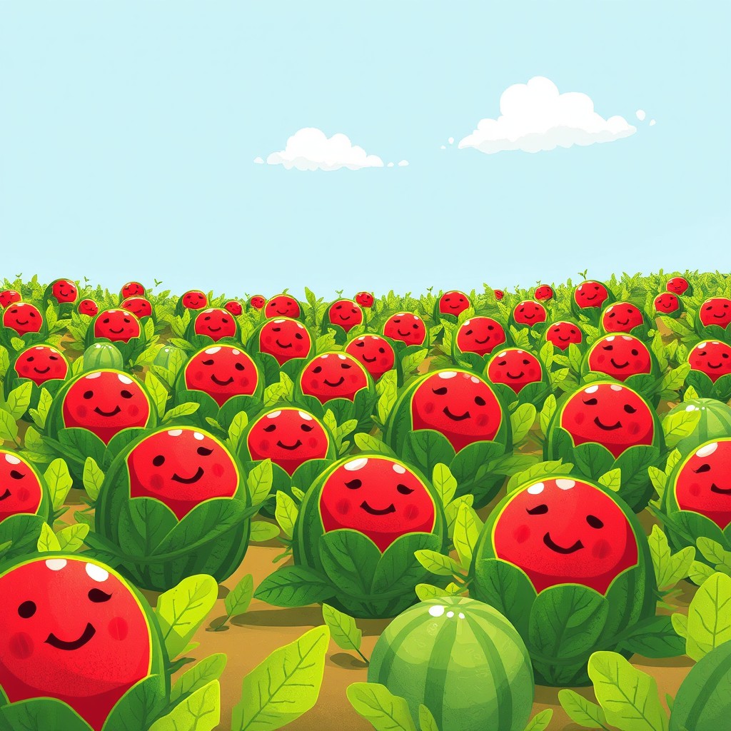 Under the scorching sun, a lively watermelon patch is filled with plump, round watermelons resting on lush green vines