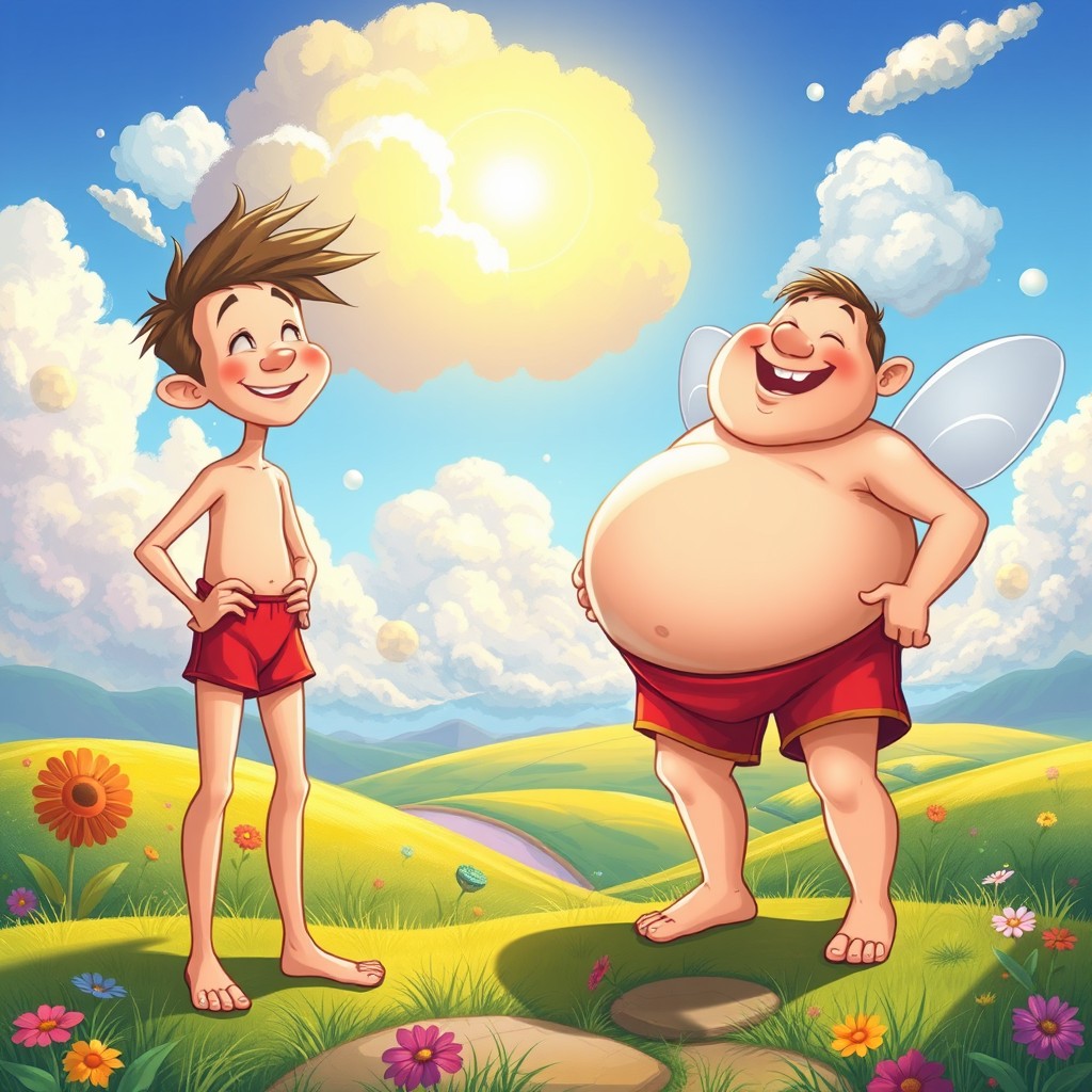 A whimsical scene featuring two fairy tale characters, Long grows to the sky and Wide inflates his belly towards the heavens