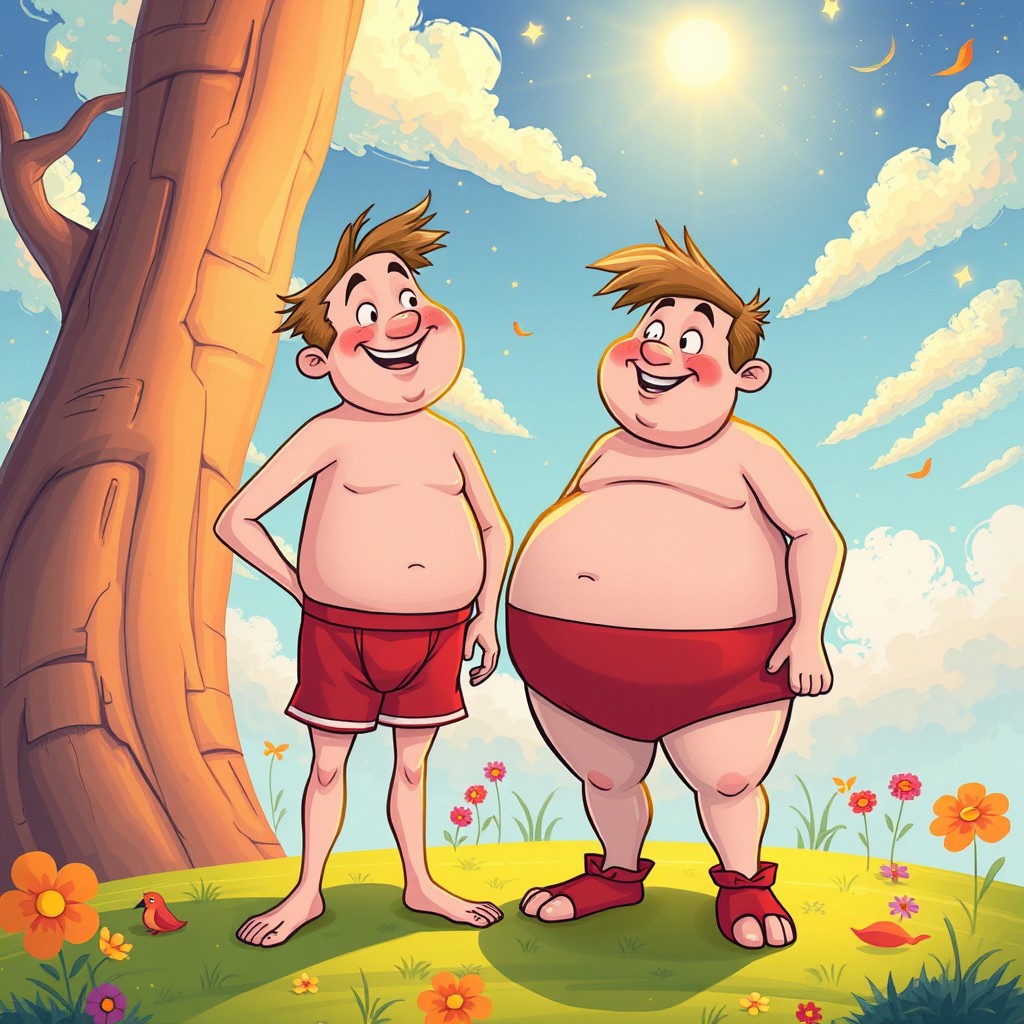 Fairytale characters, Long grows towards the sky and Wide inflates his belly up to the heavens, both are 14 years old, smiling and wearing only red boxer shorts, colorful and whimsical background, vibrant colors, cartoonish style