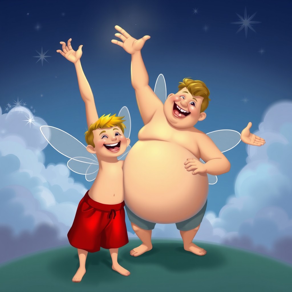 Two fairy tale characters, Dlouhý and Široký, both 14 years old, brightly smiling and wearing only red shorts