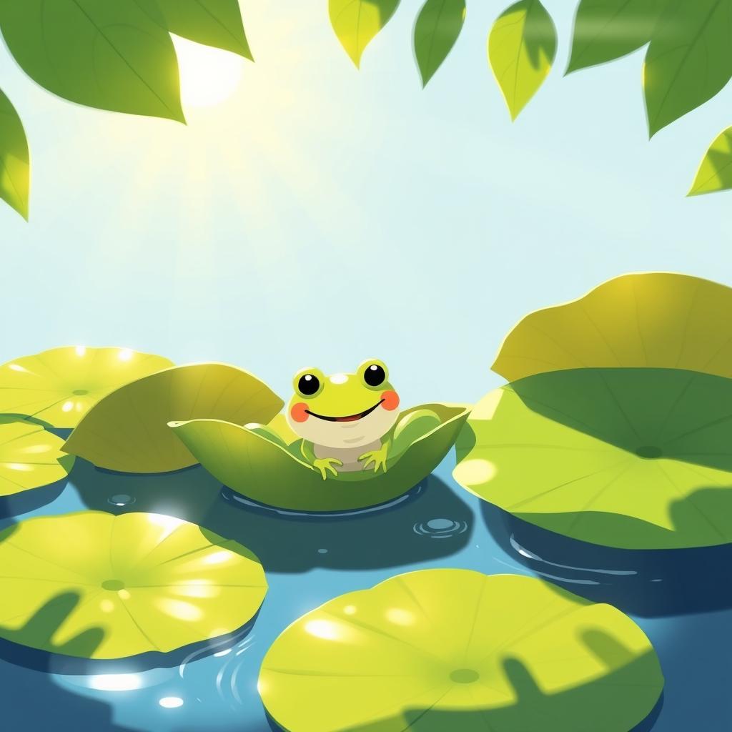 Under the blazing sun, a cheerful little frog is nestled among the large, green lily pads of a tranquil pond