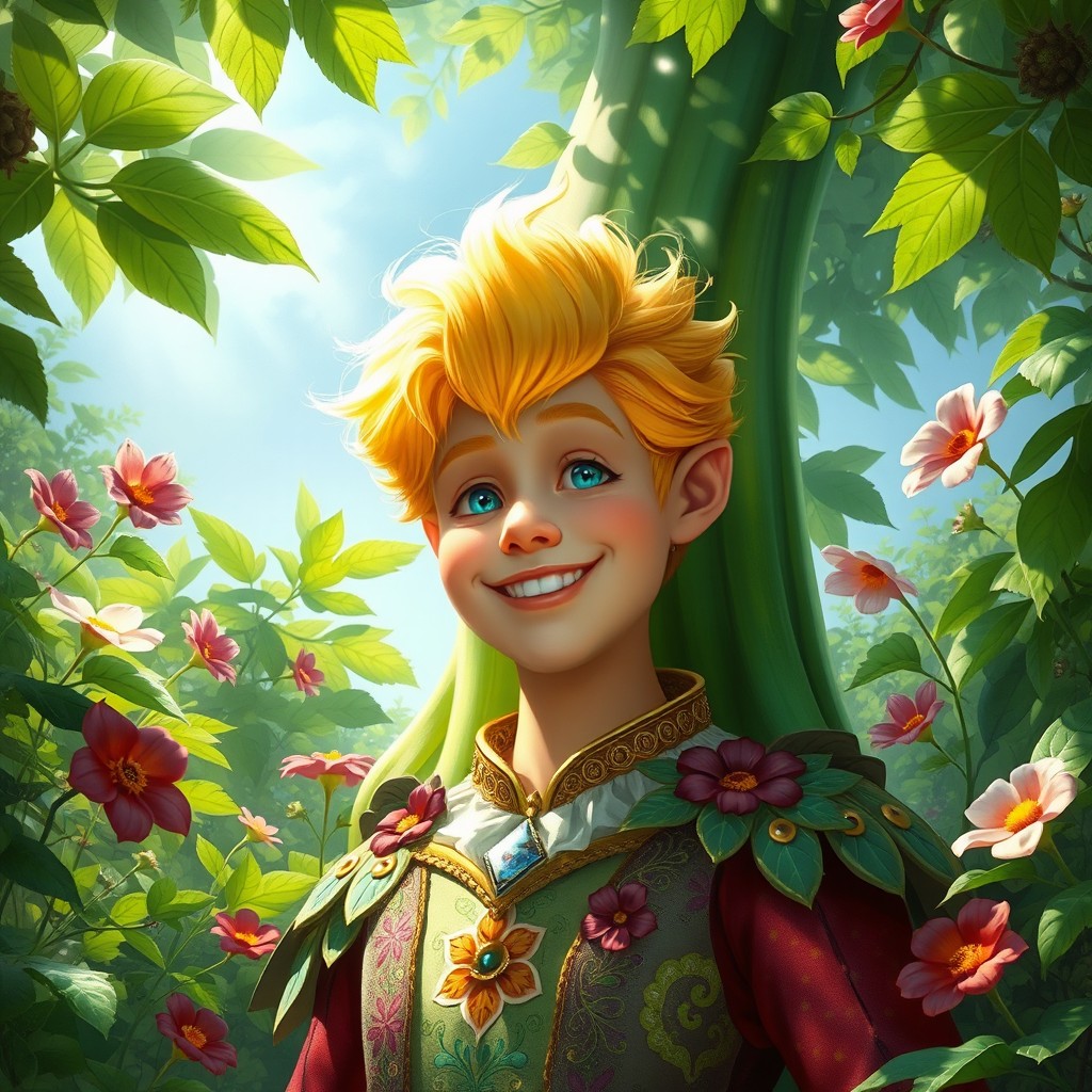 A realistic depiction of a fairy tale character resembling a tall, smiling blonde man, towering upwards like a beanstalk