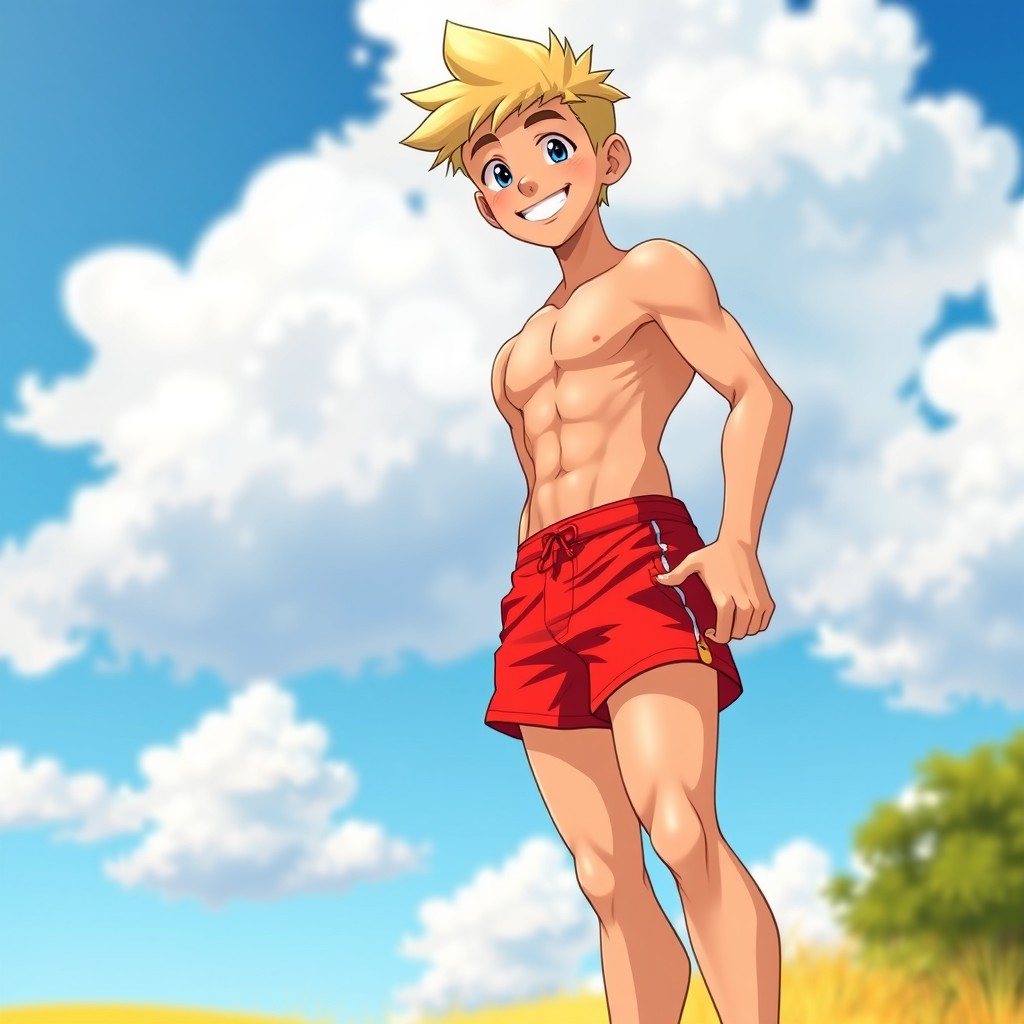 A tall, smiling blond character with bright, friendly eyes, standing confidently with a striking presence