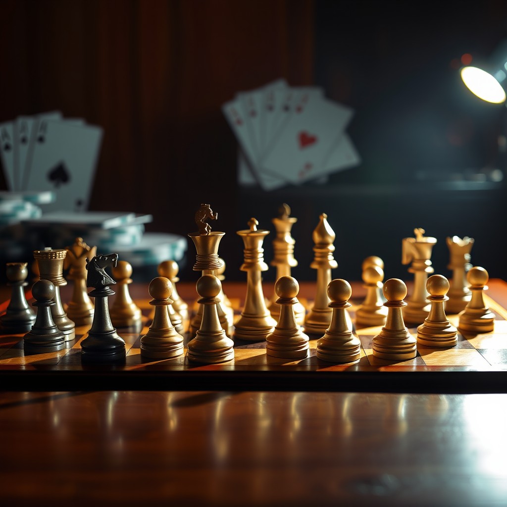 A chessboard set up in the initial state, with all pieces in their starting positions