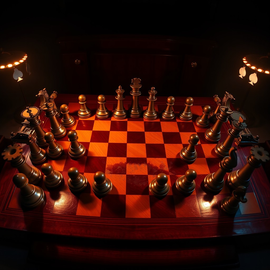 A panoramic view from above of a chessboard set up in the initial state, with all pieces in their starting positions