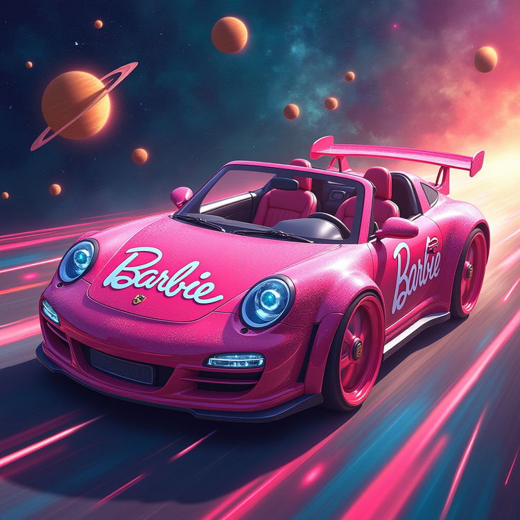 A vibrant and whimsical scene of a Barbie-themed Porsche racing through a colorful, starry space background