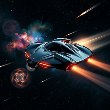 A futuristic flying car zipping through the vastness of space, with a stunning backdrop of colorful nebulae and distant stars