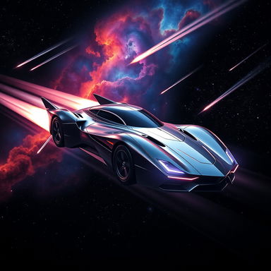 A futuristic flying car zipping through the vastness of space, with a stunning backdrop of colorful nebulae and distant stars