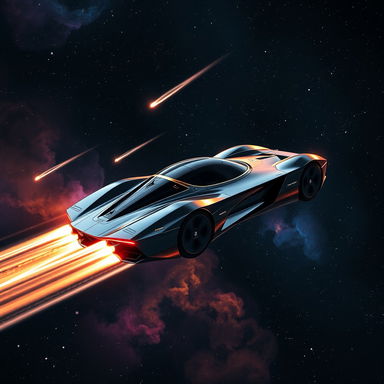 A futuristic flying car zipping through the vastness of space, with a stunning backdrop of colorful nebulae and distant stars