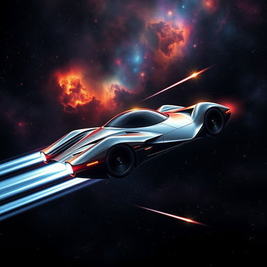 A futuristic flying car zipping through the vastness of space, with a stunning backdrop of colorful nebulae and distant stars