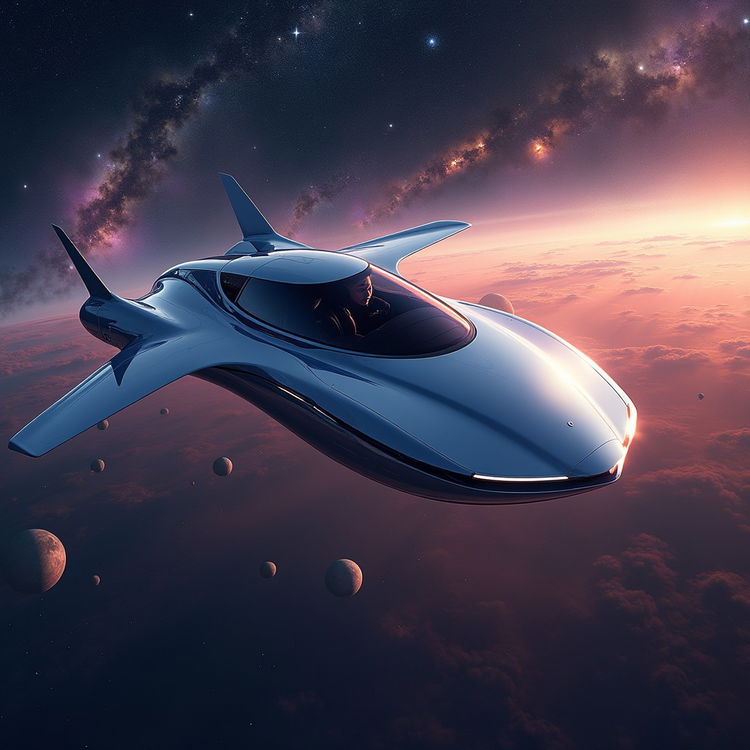 A sleek, modern flying car soaring gracefully through the cosmos, set against a breathtaking panorama of space