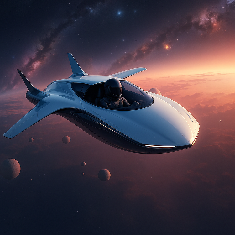 A sleek, futuristic flying car navigating through the captivating depths of space, showcasing a stunning backdrop of colorful nebulae, planets, and shimmering stars