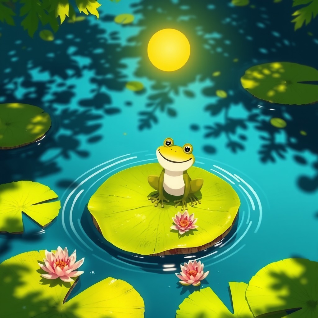 Under the blazing sun, a happy little frog is perched on a large, green lily pad in a serene pond