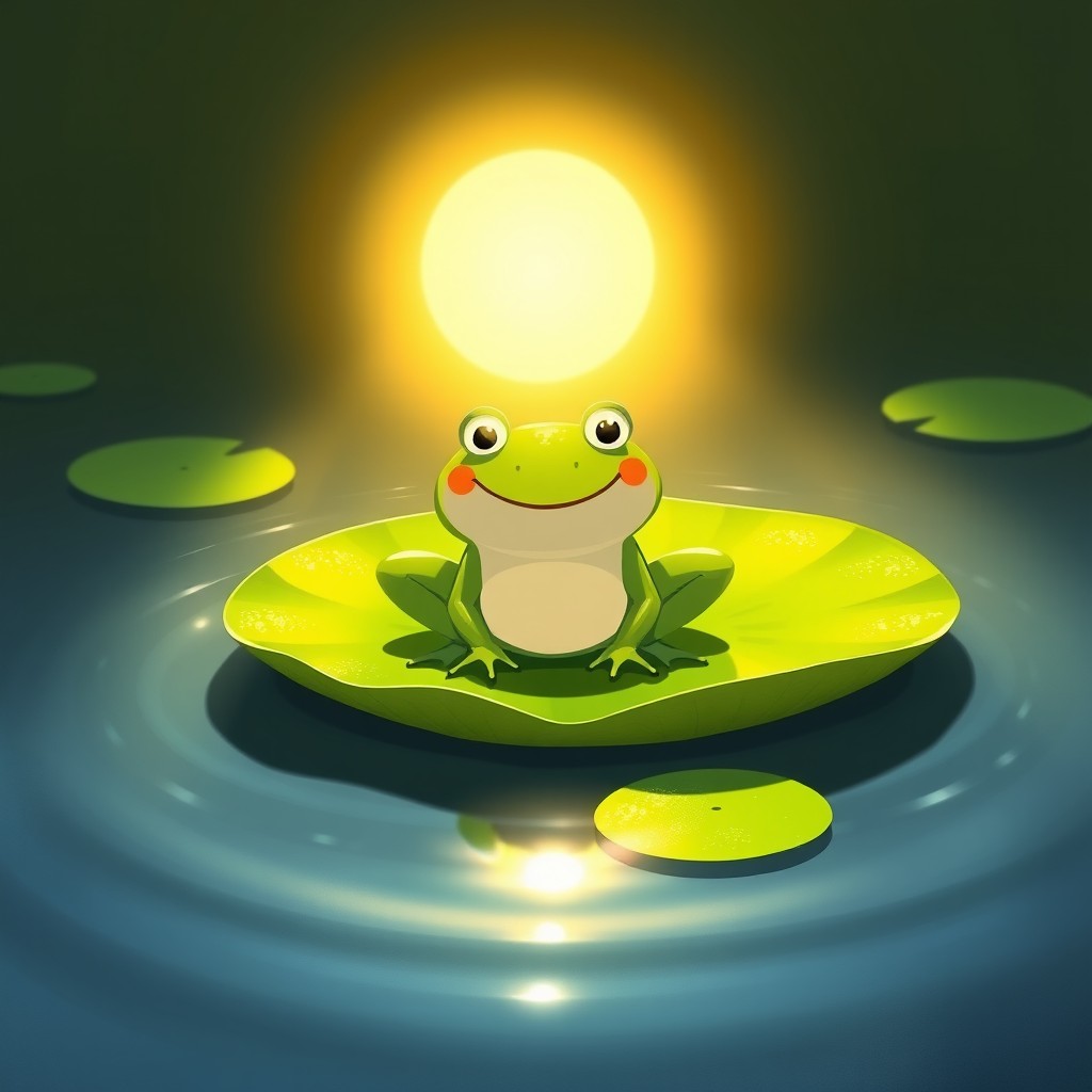 Beneath the bright sun, a joyful little frog sits on a large, green lily pad in a serene pond