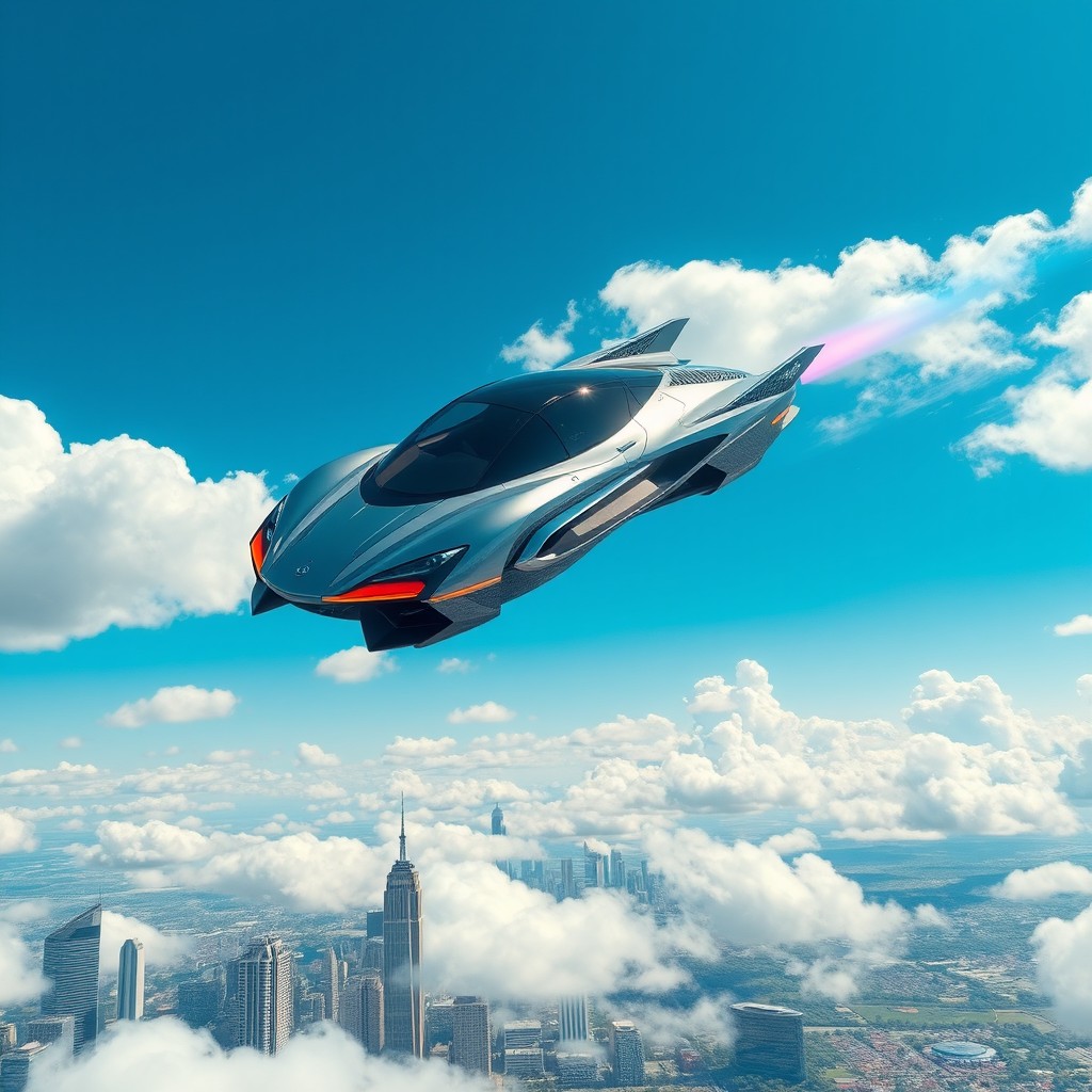 A futuristic flying car soaring through a bright blue sky with fluffy white clouds