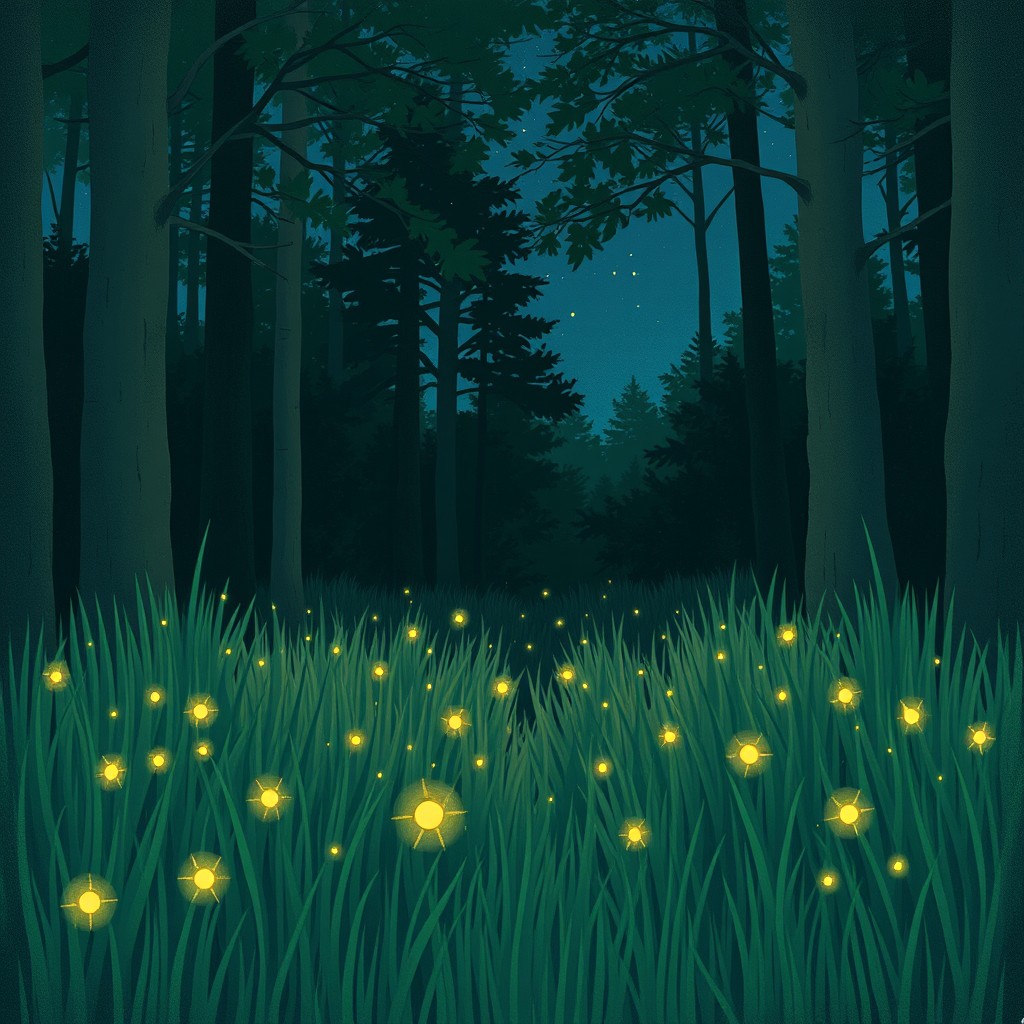 On a warm summer night, glowing fireflies dance among the lush grass of a serene forest clearing